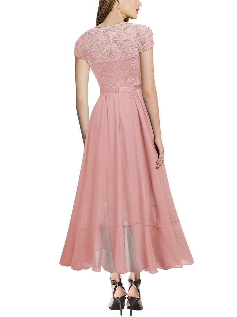 Miusol Women's V Neck Elegant Lace Ruffle Bridesmaid Maxi Dress (X-Large, Pink) - Image 2